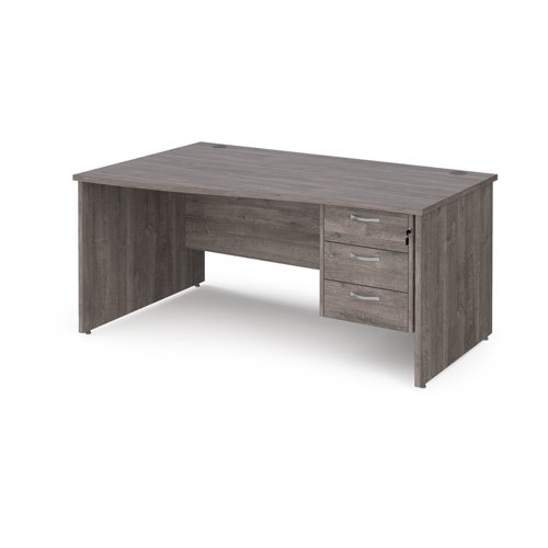 Maestro 25 left hand wave desk 1600mm wide with 3 drawer pedestal - grey oak top with panel end leg  MP16WLP3GO