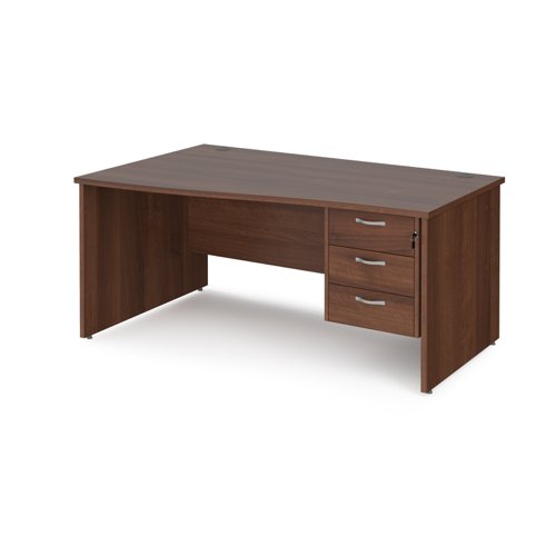 Maestro 25 left hand wave desk 1600mm wide with 3 drawer pedestal - walnut top with panel end leg  MP16WLP3W