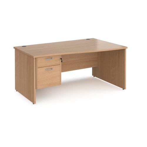 Maestro 25 right hand wave desk 1600mm wide with 2 drawer pedestal - beech top with panel end leg