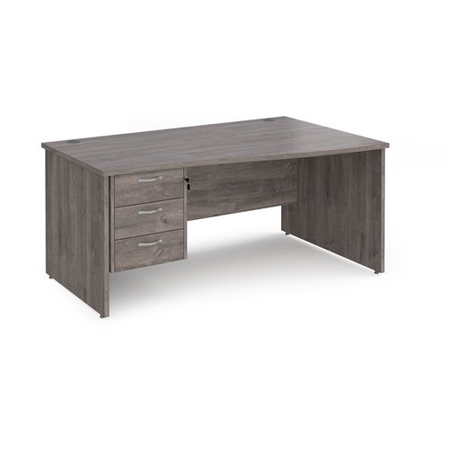 Maestro 25 right hand wave desk 1600mm wide with 3 drawer pedestal - grey oak top with panel end leg