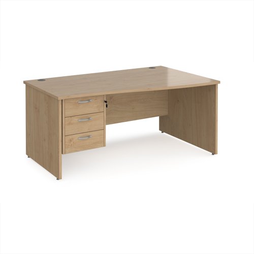 Maestro 25 right hand wave desk 1600mm wide with 3 drawer pedestal - kendal oak top with panel end leg