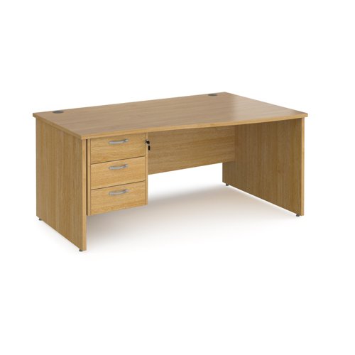 Maestro 25 right hand wave desk 1600mm wide with 3 drawer pedestal - oak top with panel end leg