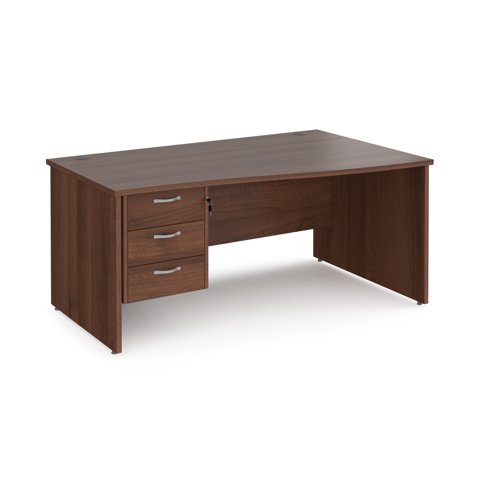 Maestro 25 right hand wave desk 1600mm wide with 3 drawer pedestal - walnut top with panel end leg  MP16WRP3W