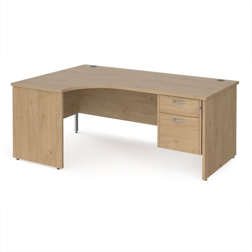 Maestro 25 left hand ergonomic desk 1800mm wide with 2 drawer pedestal - kendal oak top with panel end leg