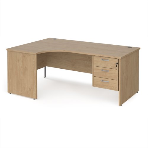 Maestro 25 left hand ergonomic desk 1800mm wide with 3 drawer pedestal - kendal oak top with panel end leg