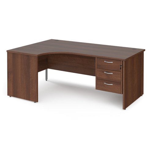 Maestro 25 left hand ergonomic desk 1800mm wide with 3 drawer pedestal - walnut top with panel end leg