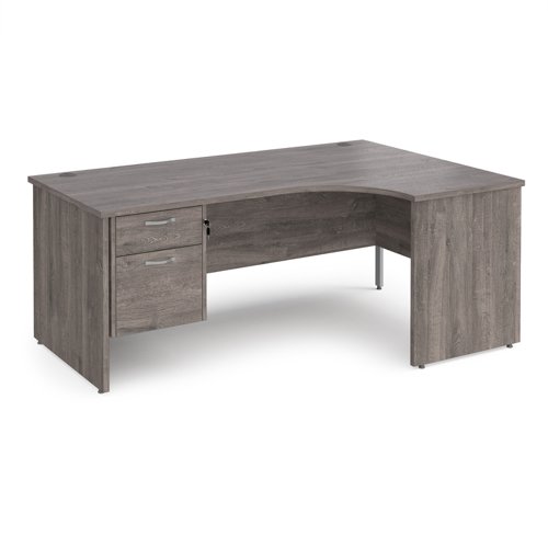 Maestro 25 right hand ergonomic desk 1800mm wide with 2 drawer pedestal - grey oak top with panel end leg