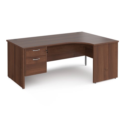 Maestro 25 right hand ergonomic desk 1800mm wide with 2 drawer pedestal - walnut top with panel end leg
