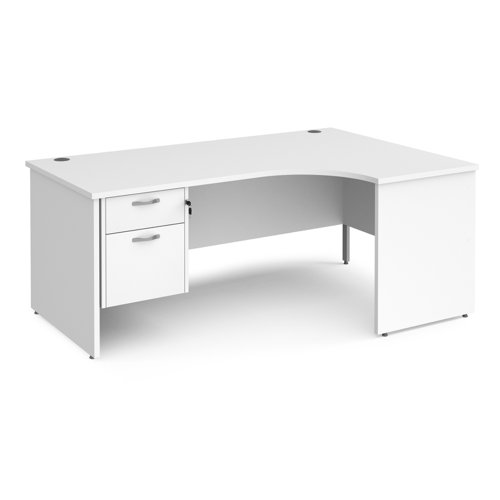 Maestro 25 right hand ergonomic desk 1800mm wide with 2 drawer pedestal - white top with panel end leg