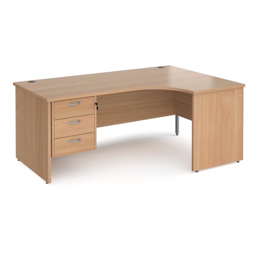 Maestro 25 right hand ergonomic desk 1800mm wide with 3 drawer pedestal - beech top with panel end leg