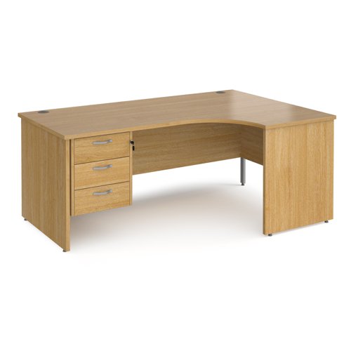 Maestro 25 right hand ergonomic desk 1800mm wide with 3 drawer pedestal - oak top with panel end leg