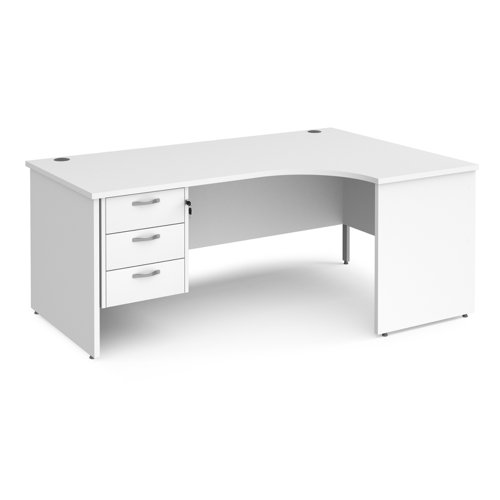 Maestro 25 right hand ergonomic desk 1800mm wide with 3 drawer pedestal - white top with panel end leg