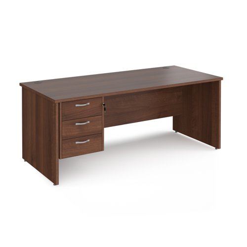 Maestro 25 straight desk 1800mm x 800mm with 3 drawer pedestal - walnut top with panel end leg  MP18P3W