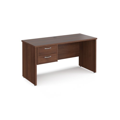 Maestro 25 straight desk 1400mm x 600mm with 2 drawer pedestal - walnut top with panel end leg