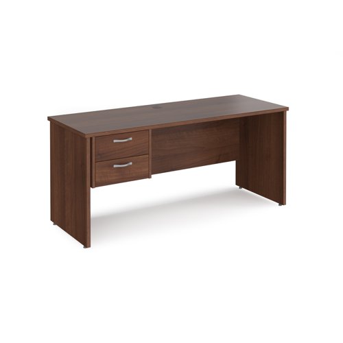 Maestro 25 straight desk 1600mm x 600mm with 2 drawer pedestal - walnut top with panel end leg