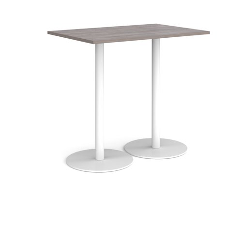 Monza rectangular poseur table with flat round white bases 1200mm x 800mm - grey oak