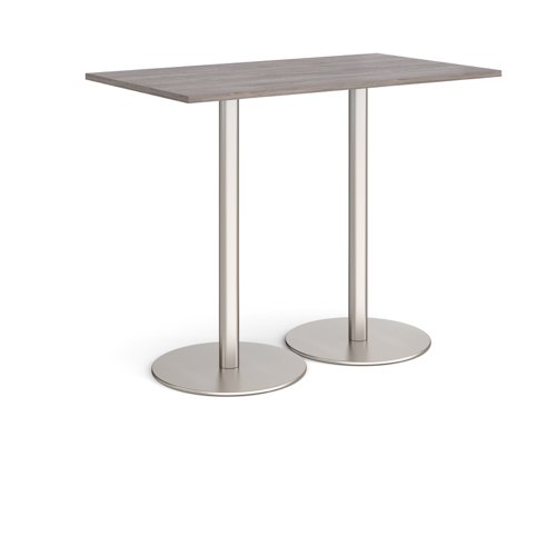 Monza rectangular poseur table with flat round brushed steel bases 1400mm x 800mm - grey oak