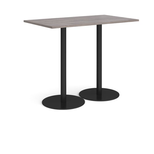 Monza rectangular poseur table with flat round black bases 1400mm x 800mm - grey oak