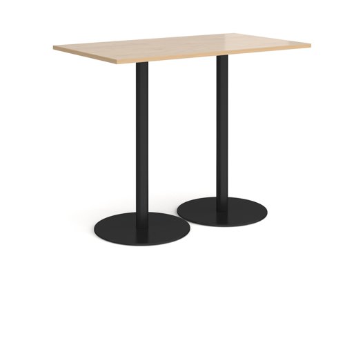 Monza rectangular poseur table with flat round black bases 1400mm x 800mm - kendal oak