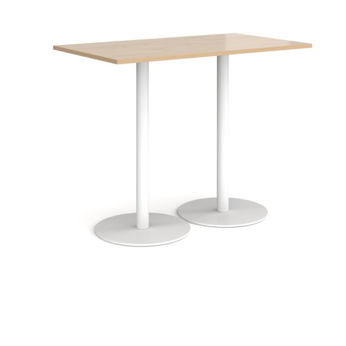 Monza rectangular poseur table with flat round white bases 1400mm x 800mm - kendal oak