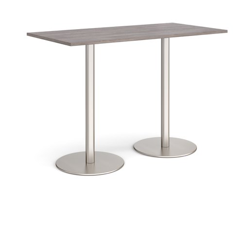 Monza rectangular poseur table with flat round brushed steel bases 1600mm x 800mm - grey oak