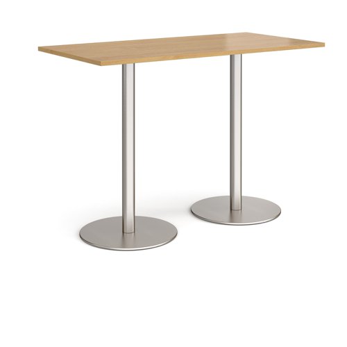 Monza Rectangular Poseur Table With Flat Round Brushed Steel Bases 1600mm X 800mm Oak