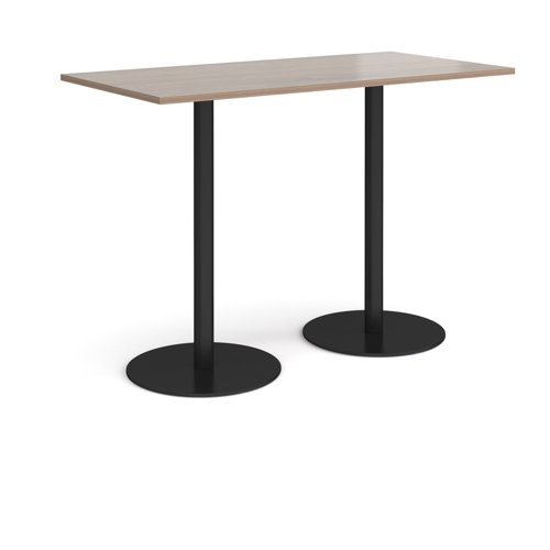 Monza rectangular poseur table with flat round black bases 1600mm x 800mm - barcelona walnut