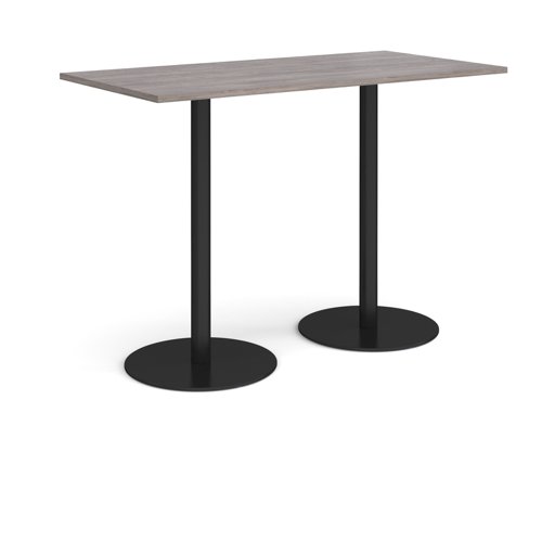 Monza rectangular poseur table with flat round black bases 1600mm x 800mm - grey oak