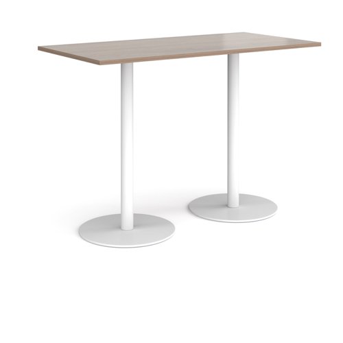 Monza rectangular poseur table with flat round white bases 1600mm x 800mm - barcelona walnut