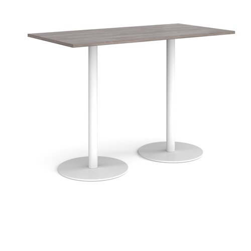 Monza rectangular poseur table with flat round white bases 1600mm x 800mm - grey oak