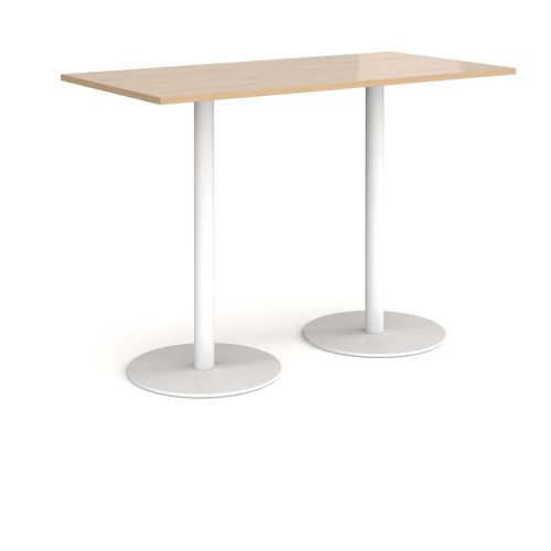 Monza rectangular poseur table with flat round white bases 1600mm x 800mm - kendal oak