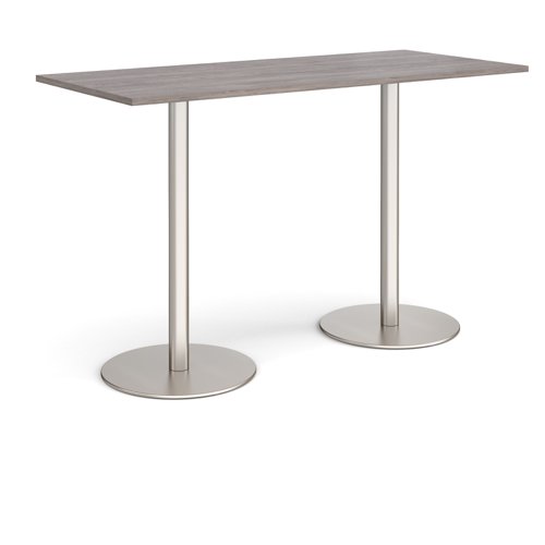 Monza rectangular poseur table with flat round brushed steel bases 1800mm x 800mm - grey oak