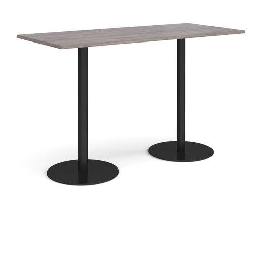 Monza rectangular poseur table with flat round black bases 1800mm x 800mm - grey oak