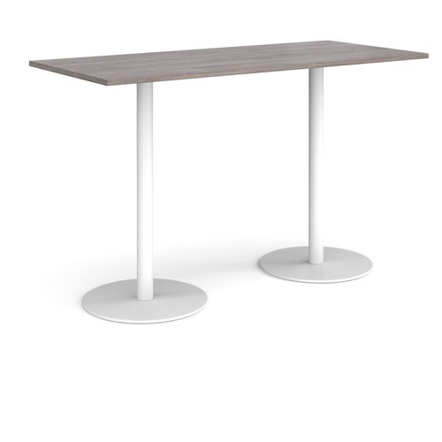 Monza rectangular poseur table with flat round white bases 1800mm x 800mm - grey oak