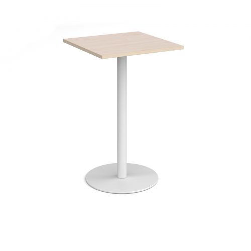 Monza square poseur table with flat round white base 700mm - maple