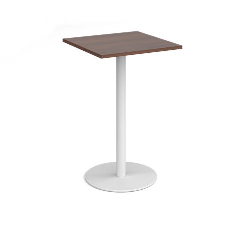 Monza square poseur table with flat round white base 700mm - walnut