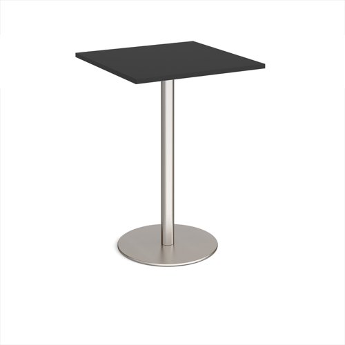 Monza square poseur table with flat round brushed steel base 800mm - Black