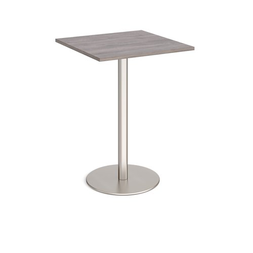 Monza square poseur table with flat round brushed steel base 800mm - grey oak