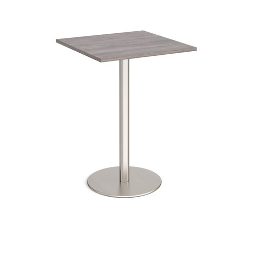 Monza Square Poseur Table With Flat Round Brushed Steel Base 800mm Grey Oak