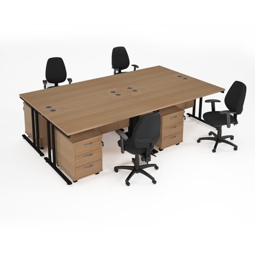 Maestro starter kit for 4 people, comprising of beech desk, black frame , wooden pedestal and Vantage fabric chair with arms in black