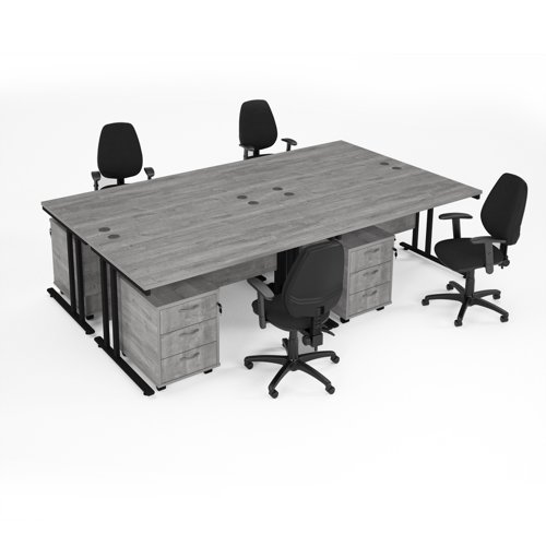 Maestro starter kit for 4 people, comprising of grey oak desk, black frame, wooden pedestal and Vantage fabric chair with arms in black