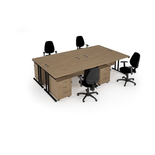 Maestro starter kit for 4 people, comprising of kendal oak desk, black frame, wooden pedestal and Vantage fabric chair with arms in black