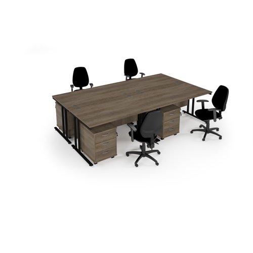 Maestro starter kit for 4 people, comprising of nebraska oak desk, black frame, wooden pedestal and Vantage fabric chair with arms in black
