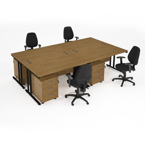 Maestro starter kit for 4 people, comprising of oak desk, black frame, wooden pedestal and Vantage fabric chair with arms in black