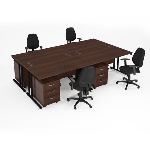 Maestro starter kit for 4 people, comprising of walnut desk, black frame, wooden pedestal and Vantage fabric chair with arms in black