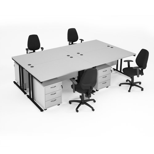 Maestro starter kit for 4 people, comprising of white desk, black frame, wooden pedestal and Vantage fabric chair with arms in black