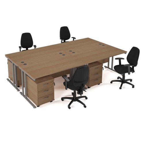 Maestro starter kit for 4 people, comprising of beech desk, silver frame , wooden pedestal and Vantage fabric chair with arms in black