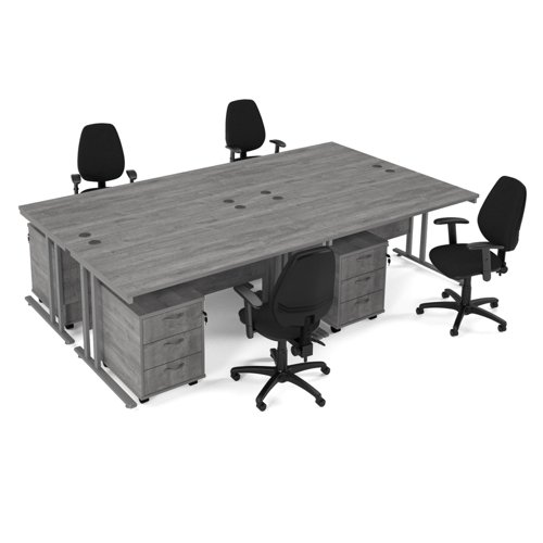 Maestro starter kit for 4 people, comprising of grey oak desk, silver frame, wooden pedestal and Vantage fabric chair with arms in black