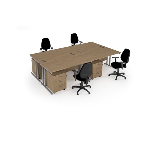 Maestro starter kit for 4 people, comprising of kendal oak desk, silver frame, wooden pedestal and Vantage fabric chair with arms in black