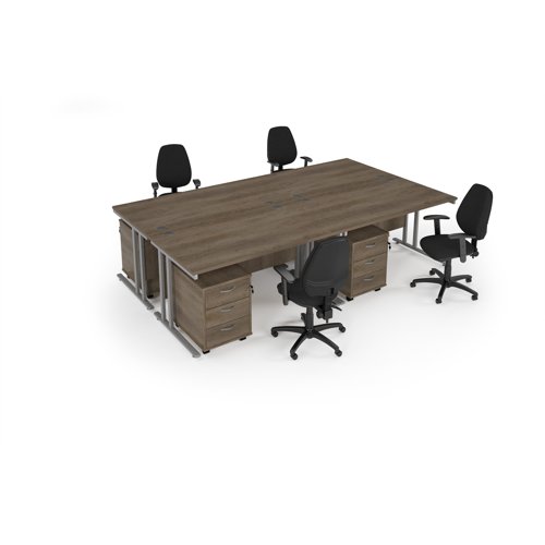 Maestro starter kit for 4 people, comprising of nebraska oak desk, silver frame, wooden pedestal and Vantage fabric chair with arms in black